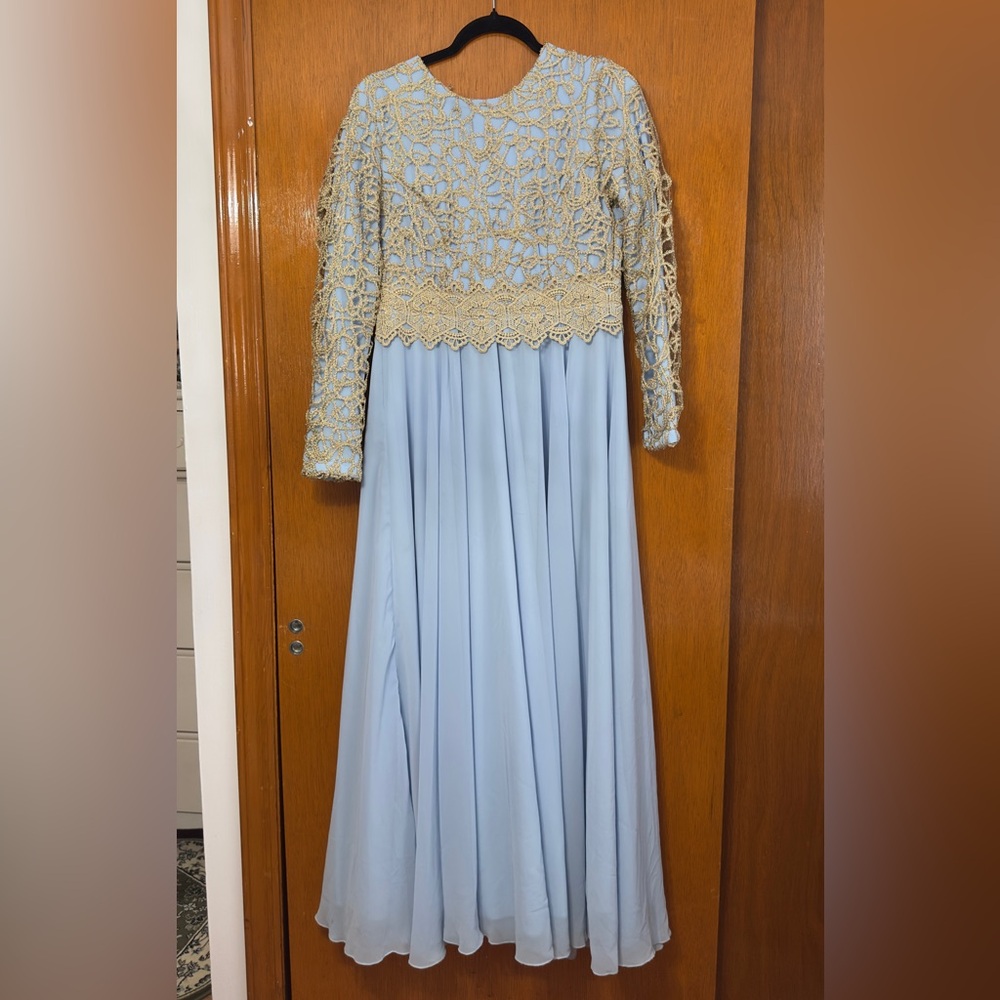 Elegant Blue and Gold Lace Dress